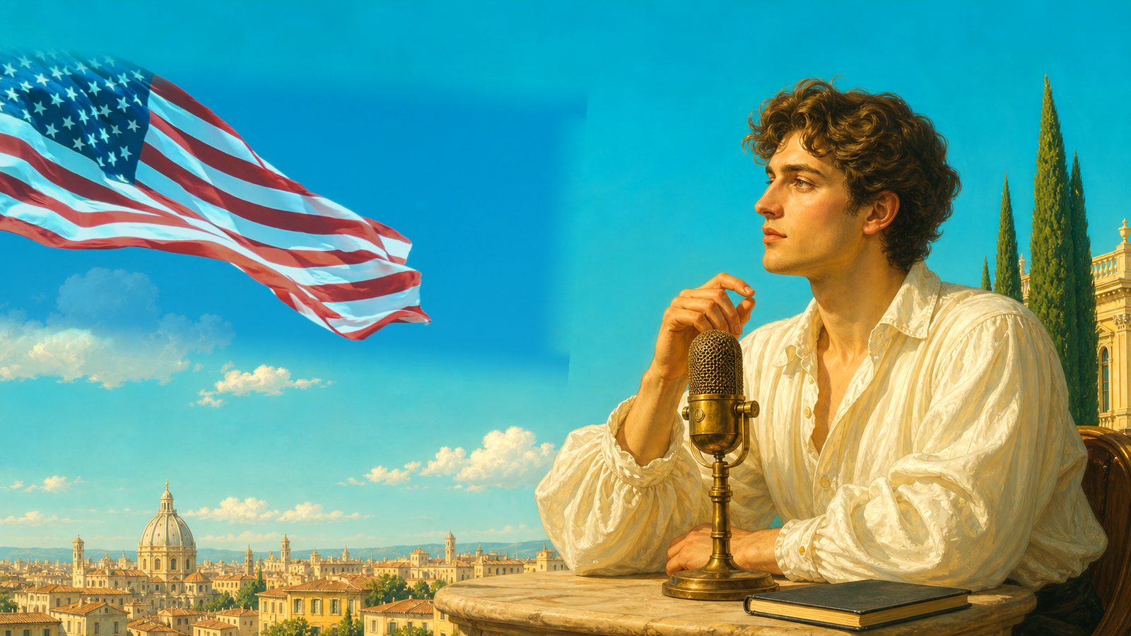 July 4 editorial image of a podcast host seated with a brass microphone